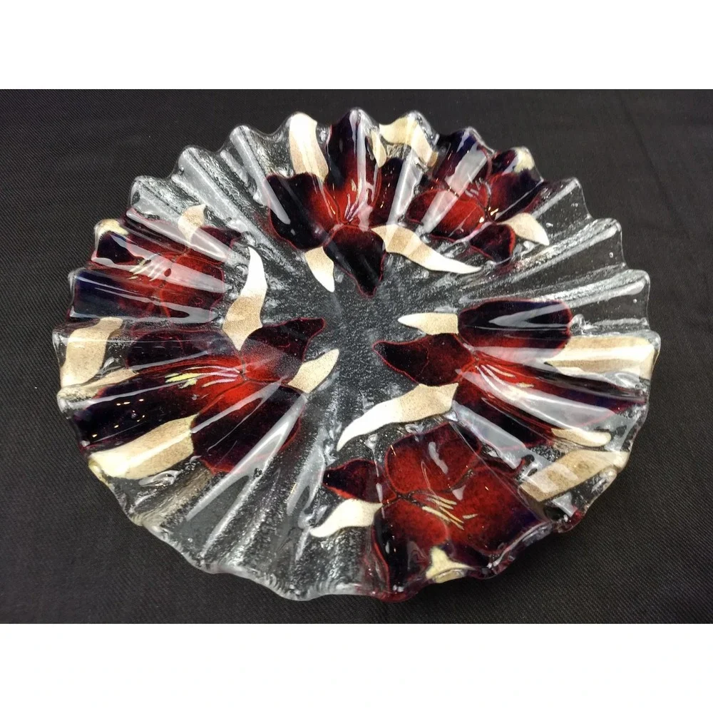 Sydenstricker Art Glass Ruffled Plate Elephant Ear Orchid Purple Red Wavy Signed